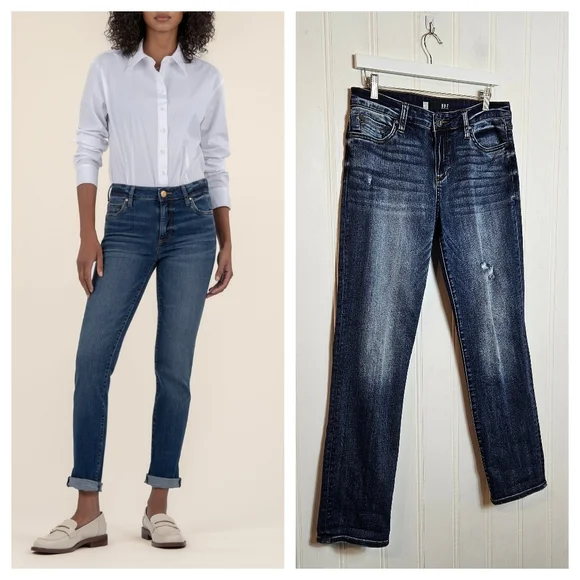 Kut From The Cloth Catherine Boyfriend Jeans Dark Wash Light Distressed Size 8 - Picture 1 of 15